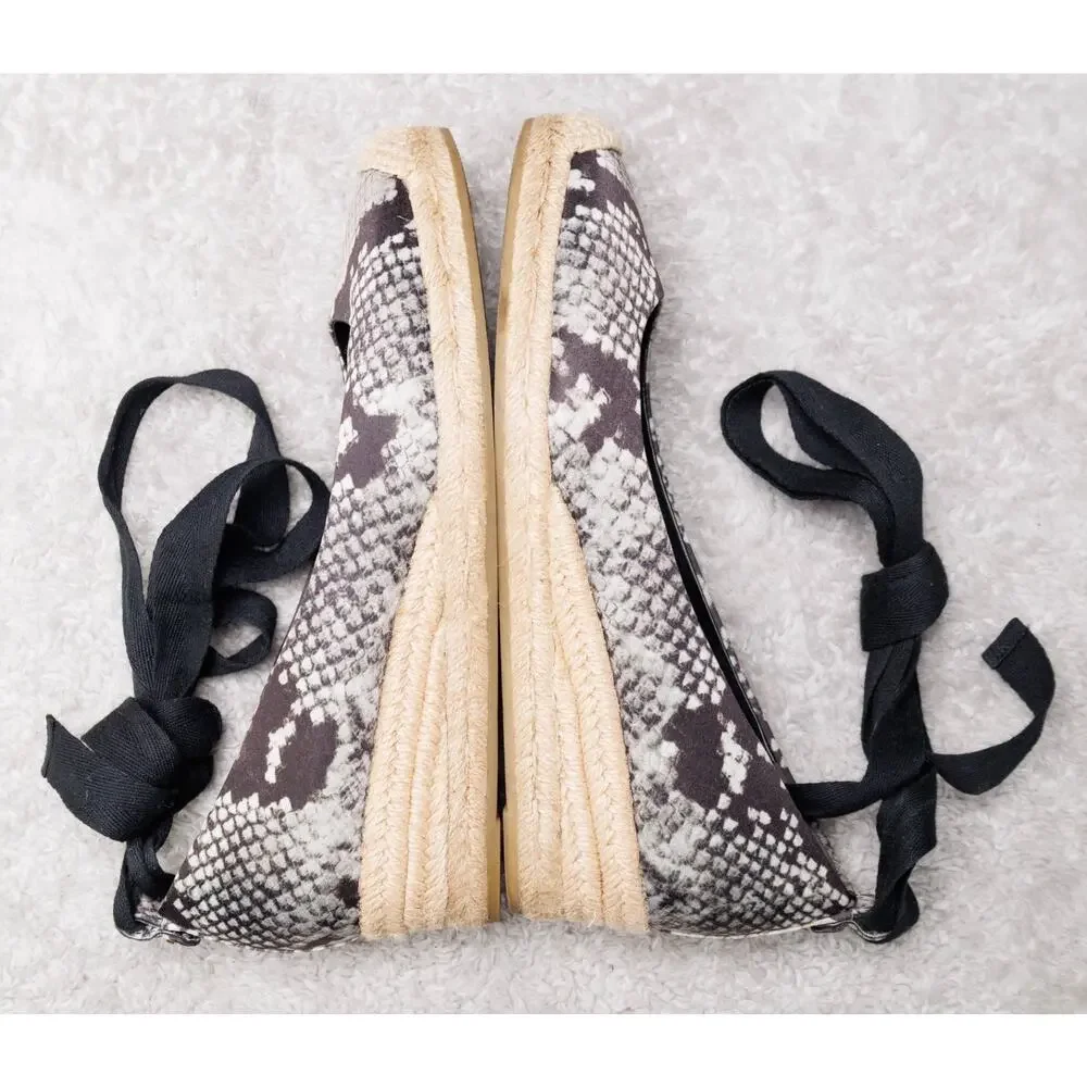 Tory Burch Heather Black Snakeprint Ankle Wrap Satin Wedges Espadrilles Womens 7